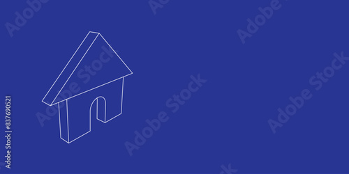 The outline of a large kennel symbol made of white lines on the left. 3D view of the object in perspective. Vector illustration on indigo background