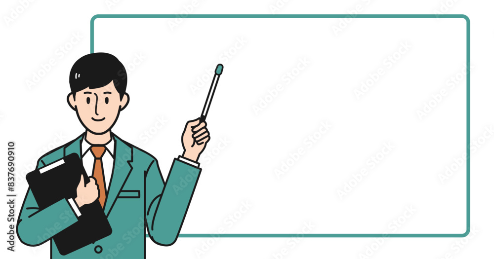 ホワイトボードを前に指示棒を持つビジネスパーソン男性