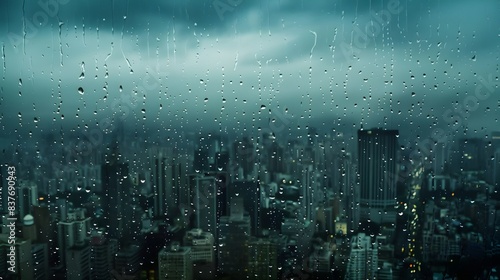 A background of a rain-spattered window overlooking a cityscape during a downpour  conveying a sense of urban isolation. 