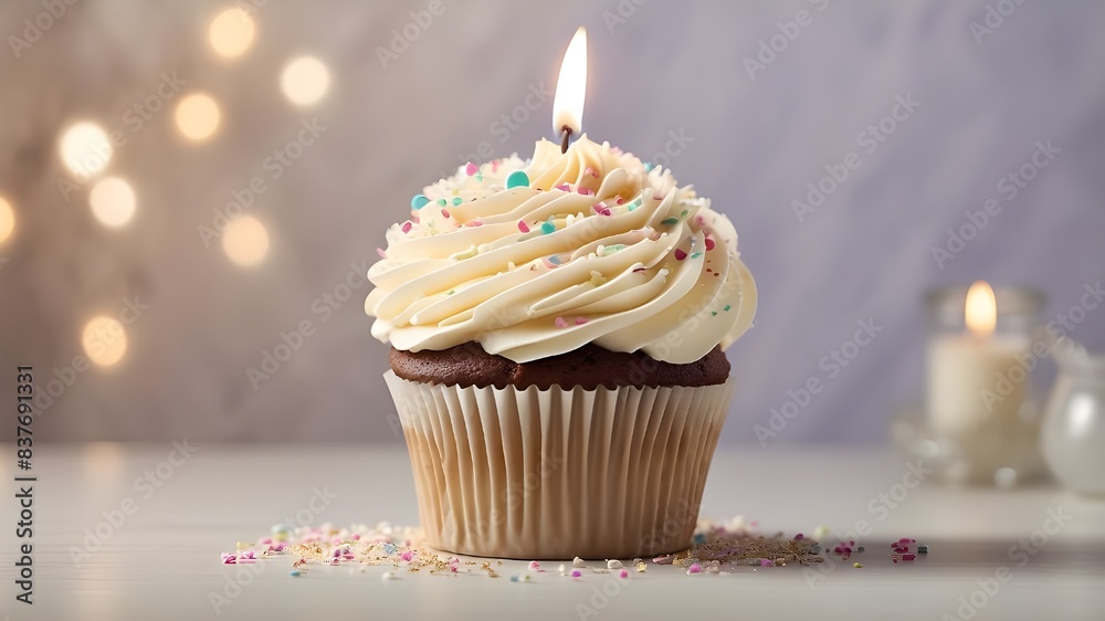 A charming birthday cupcake, adorned with frosting and a candle, set on a table with a subtle, light-colored backdrop. A charming birthday cupcake, adorned with frosting and a candle, set on a table with a subtle, light-colored backdrop.