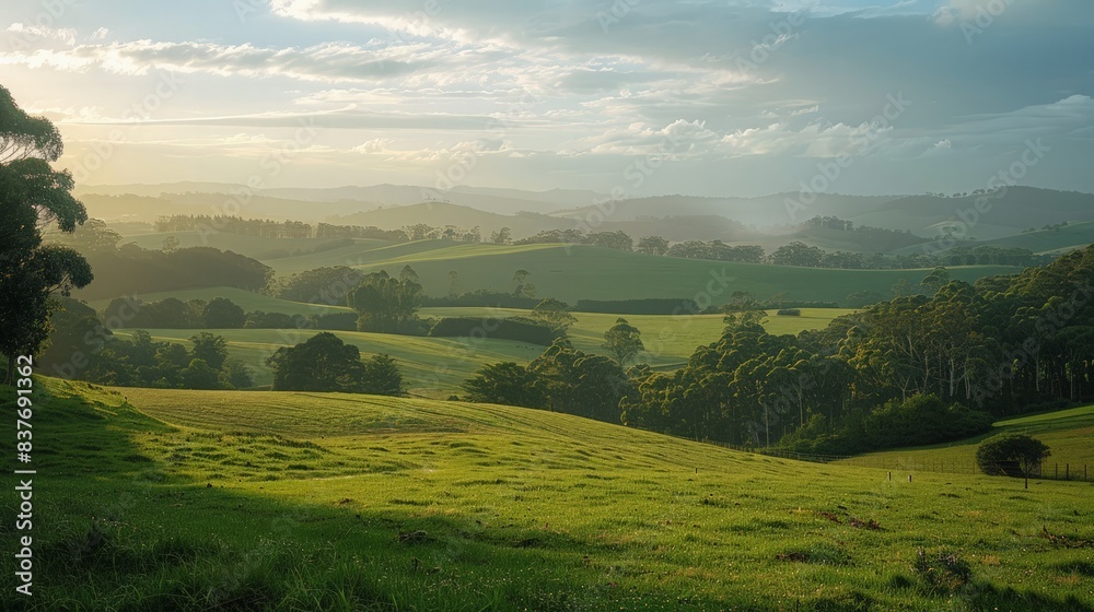 Obraz premium Serene Countryside Landscape: Capture the peacefulness and natural beauty of a countryside landscape,