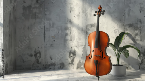 Elegant cello standing upright against a textured concrete wall with a potted plant, blending music and minimalist decor. © Thinnawat