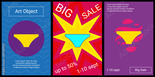 Trendy retro posters for organizing sales and other events. Large women's underpants symbol in the center of each poster. Vector illustration on black background