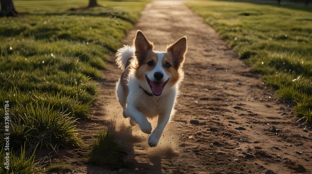 Aerial perspective of a happy dog running freely.generative.ai Aerial perspective of a happy dog running freely.generative.ai