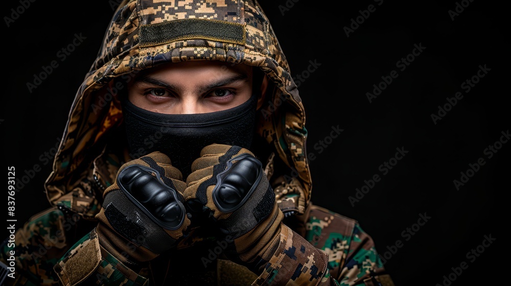 A man in a camouflage jacket and black mask holds his hands in front of him A man in a camouflage jacket and black mask holds his hands in front of him