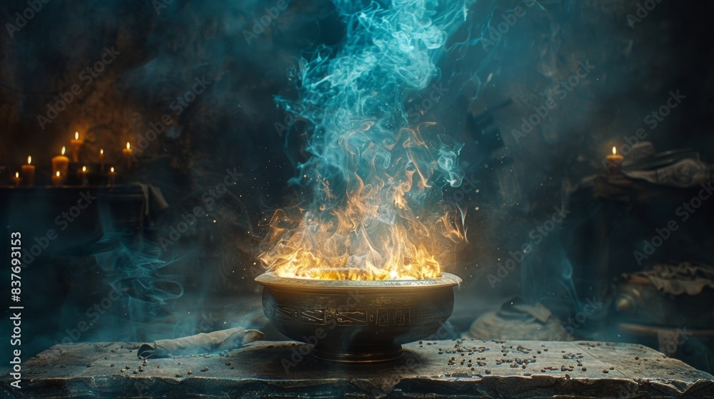 Illuminated Alchemy: Glowing Cauldron, Mystical Smoke, and Ancient Symbols Converge in an Esoteric Scene Illuminated Alchemy: Glowing Cauldron, Mystical Smoke, and Ancient Symbols Converge in an Esoteric Scene