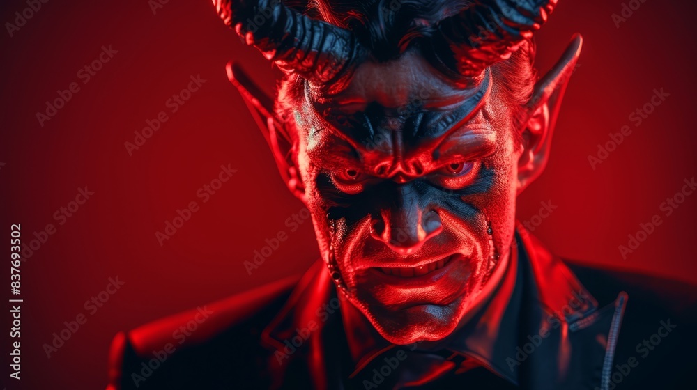 A man with horns on his head, dressed in a red shirt and a black blazer, is depicted in a close-up against a red backdrop His face is illum A man with horns on his head, dressed in a red shirt and a black blazer, is depicted in a close-up against a red backdrop His face is illum