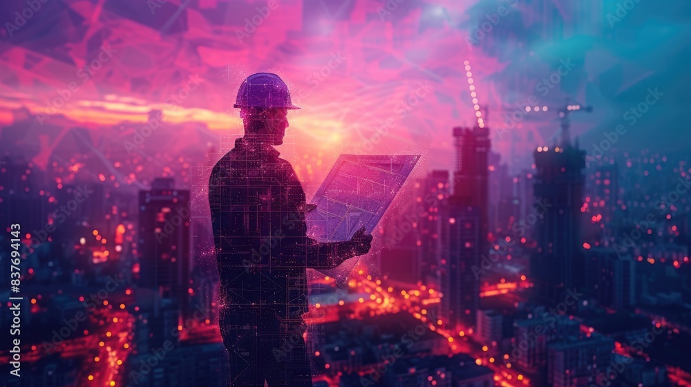 Engineer with digital tablet overlooking futuristic cityscape at dusk, highlighting technology's integration into modern urban development. Engineer with digital tablet overlooking futuristic cityscape at dusk, highlighting technology's integration into modern urban development.