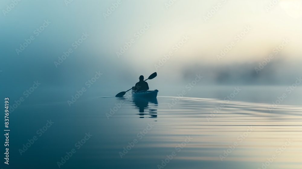 A lone kayaker paddles in calm misty waters at dawn, creating a tranquil scene with soft lighting and reflections
