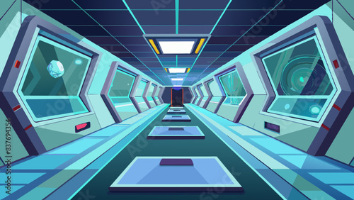 Futuristic Spaceship Corridor with Holographic Displays and Sleek Design