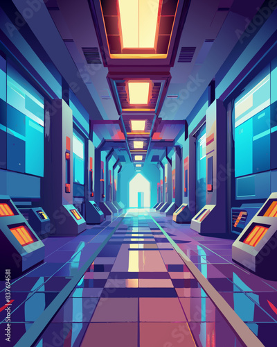 Futuristic Corridor with Neon Lights and Sci-Fi Aesthetics