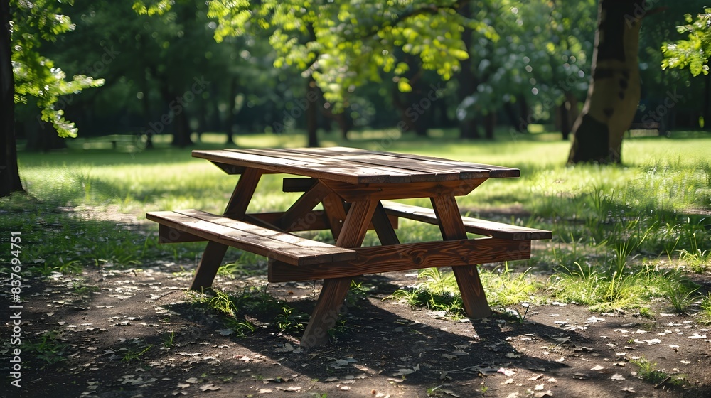 Empty Wooden Picnic Table in Idyllic Park with Green Foliage and Sunny Atmosphere for Product Placement Empty Wooden Picnic Table in Idyllic Park with Green Foliage and Sunny Atmosphere for Product Placement