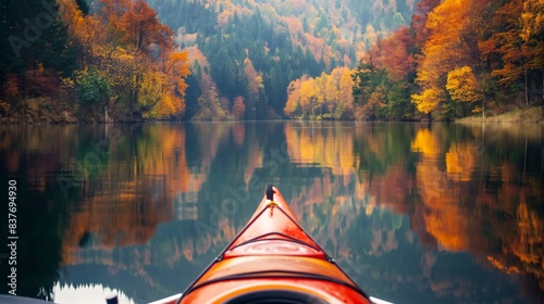 Point of view from a kayak heading towards a reflection of colorful autumn trees in a calm lake photo