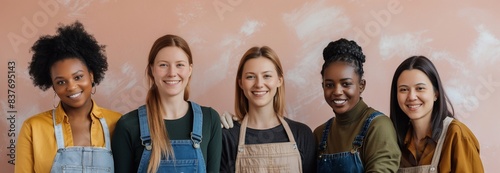 A group of women with cleaning supplies stand in a row. Workers of a cleaning company, vacancies for work as a cleaner or maid. Smiling Female Team: Diverse Workforce Ready to Tackle Any Mess photo