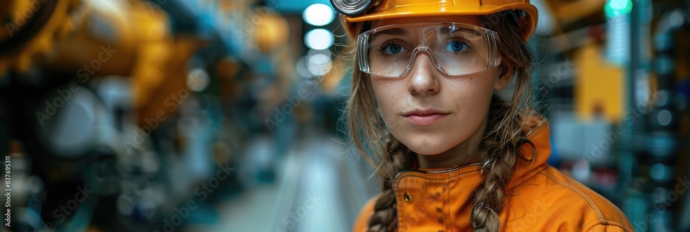 Female engineer in orange safety gear and helmet, standing confidently in an industrial setting or factory with machinery in the background. Female engineer in orange safety gear and helmet, standing confidently in an industrial setting or factory with machinery in the background.