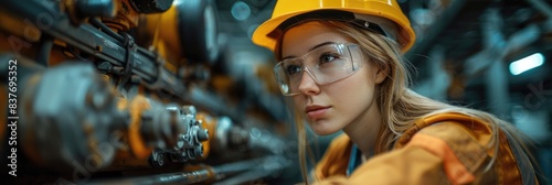 Female engineer in protective gear inspecting machinery in an industrial setting, showcasing determination and precision in her work.