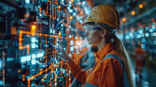 Female engineer wearing a helmet and safety gear working on a digital interface in an industrial setting with advanced technology.