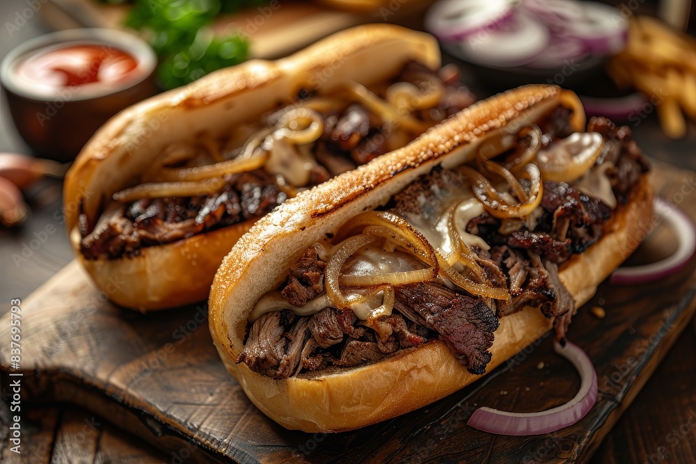 Philly Cheesesteak - Philly cheesesteak sandwich with melted cheese and onions. Philly Cheesesteak - Philly cheesesteak sandwich with melted cheese and onions.