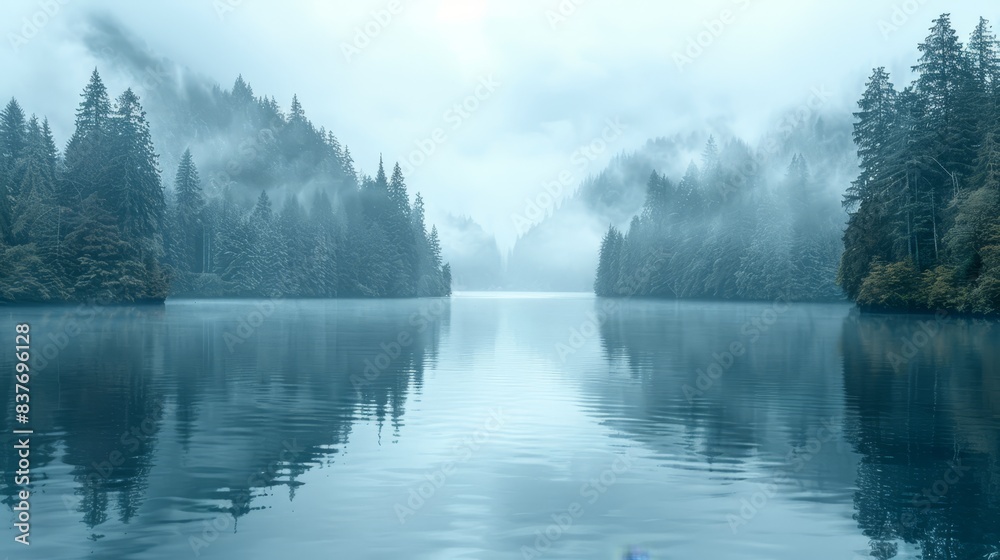 Amidst fog, a water body is enclosed by trees Sky holds sparse clouds and distant trees mirror opposite Amidst fog, a water body is enclosed by trees Sky holds sparse clouds and distant trees mirror opposite