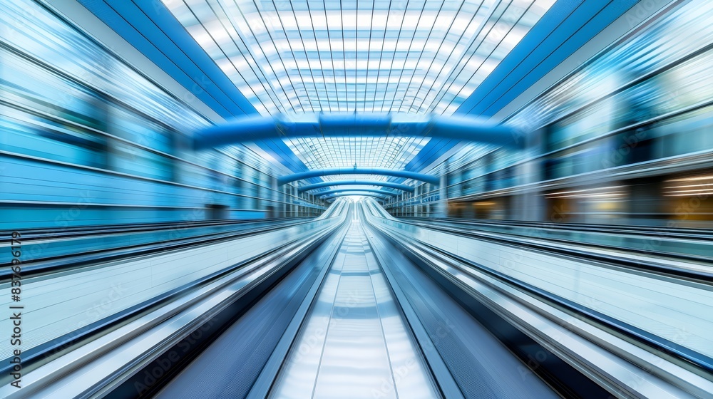 A train passes through a station adjacent to a tall building, its top adorned with a skylight Another train rests on the opposite track A train passes through a station adjacent to a tall building, its top adorned with a skylight Another train rests on the opposite track