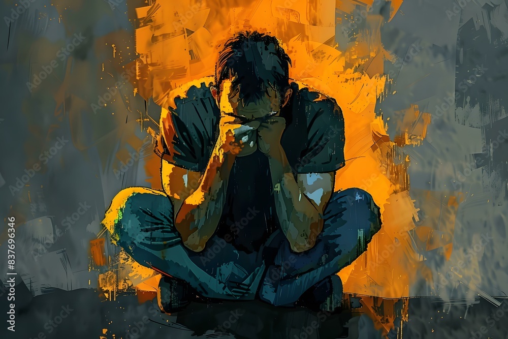 Obraz premium A man is sitting on the floor with his head in his hands