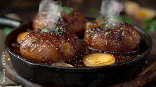  A tight shot of a sizzling pan filled with doughnuts Smoke escapes from the surface of the fried treats, while their golden tops gleam beneath