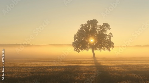 The sun rises behind a solitary tree in a mist-covered field  creating a captivating and tranquil landscape