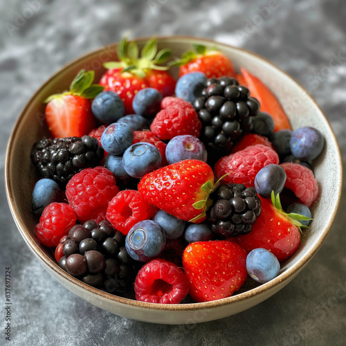 A colorful mix of fresh raspberries  blueberries  and strawberries in a bowl and on a plate make a delicious and healthy summer dessert or breakfast