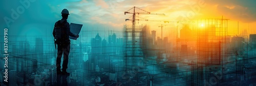 Silhouette of an engineer with a laptop at a construction site during a sunset, with cranes and city skyline in the background.