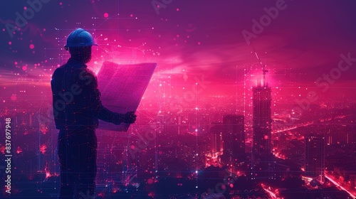 Silhouette of architect with blueprint overlooking futuristic cityscape with glowing skyscrapers at dusk.