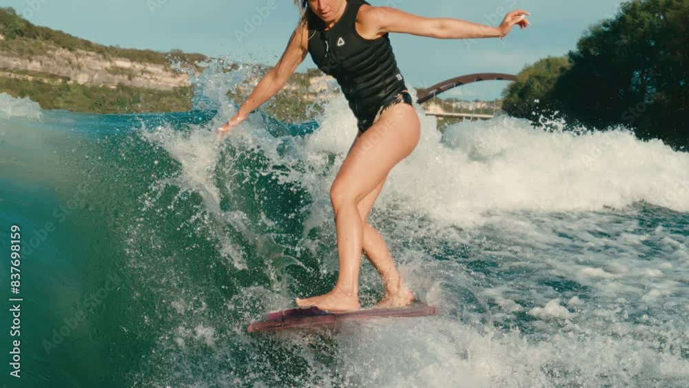 Blonde female wake surfer rides perfect wake on lake Austin in slow motion Blonde female wake surfer rides perfect wake on lake Austin in slow motion