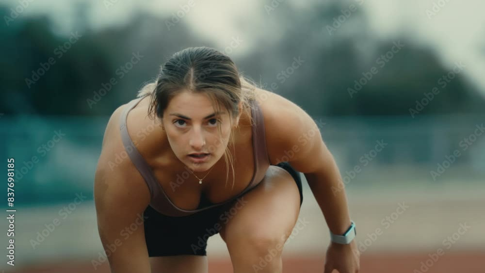 Track runner looking up before race start in extreme slow motion, young female dramatic look up in 4k 800fps