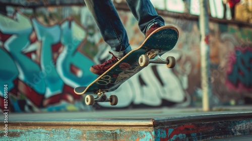 Mid-air view of a skateboarder doing an ollie on a ramp with graffiti art