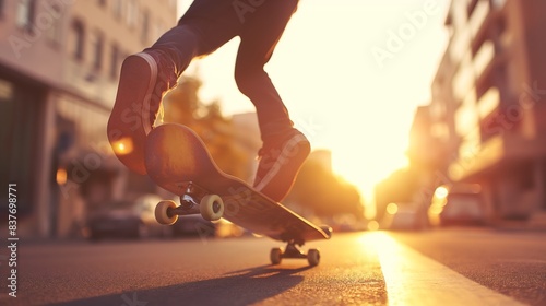Low-angle view of a person skateboarding on an urban street bathed in the warm light of sunset
