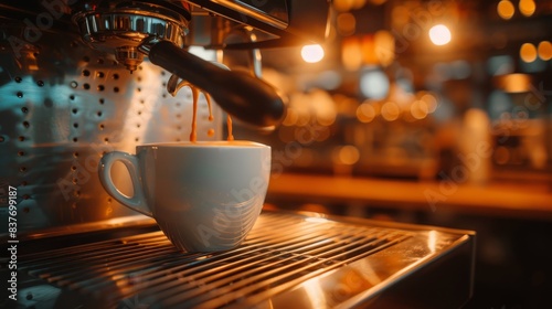  A cup is being poured into an espresso machine in a dimly lit room Ceiling lights and a row of background lights illuminate the space