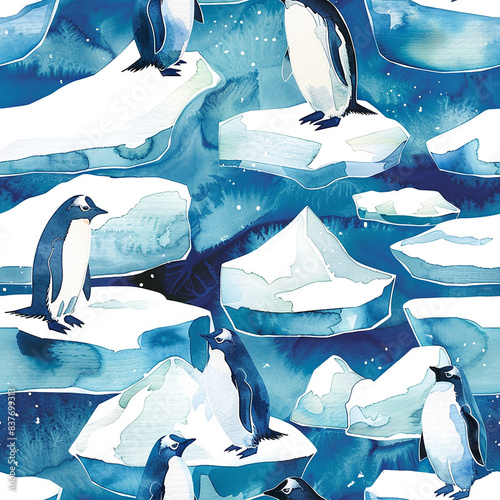 watercolor seamless pattern with penguins on ice floes.