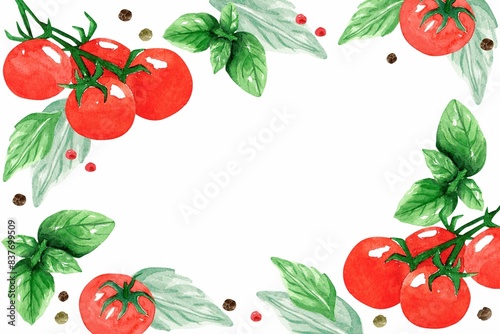Frame from red tomato cherry, peppercorns and green basil on white background. Watercolor illustration. Vegetables and herbs for cooking delicious dishes. Template for design banner, cards, flyers.