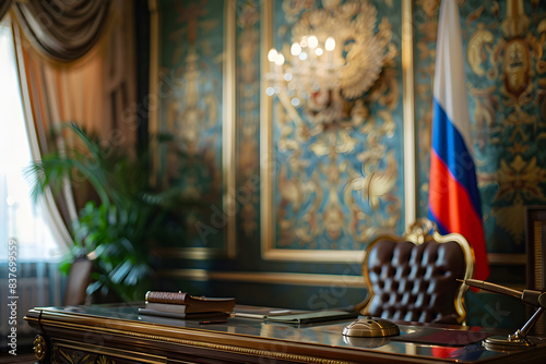 luxurious office of a high-ranking Russian official, coat of arms of Russia, flag of Russia photo