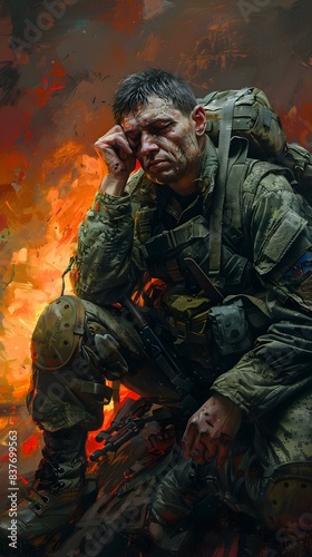 A weary soldier sits on the battlefield, his face a mask of exhaustion and despair.