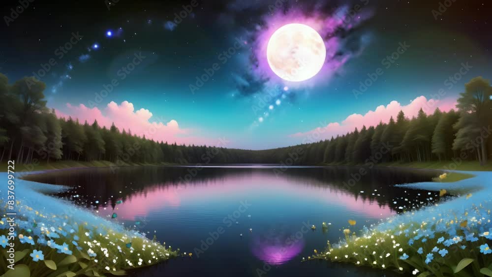night landscape with moon and stars in lake. seamless looping time-lapse 4K video background night landscape with moon and stars in lake. seamless looping time-lapse 4K video background