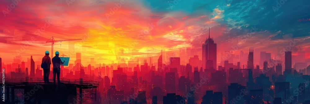 Two people overlooking a vibrant city skyline at sunset with colorful clouds and buildings in the distance. Two people overlooking a vibrant city skyline at sunset with colorful clouds and buildings in the distance.