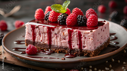 Delicious raspberry cheesecake served with fresh
