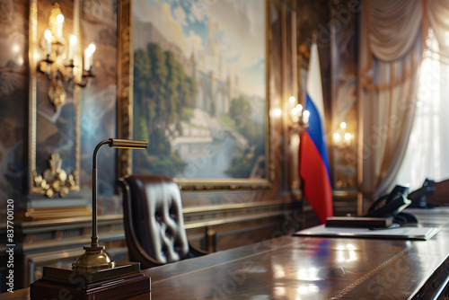 luxurious office of a high-ranking Russian official, coat of arms of Russia, flag of Russia