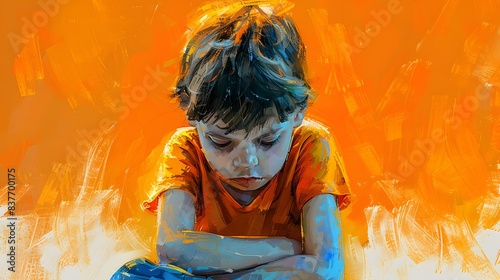 Sad Little Boy with Orange Background