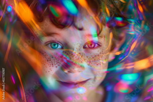 A young boy with a joyful expression  featuring captivating  multicolored lights creating a magical and dreamy atmosphere around him  reflecting in his sparkling eyes and freckled face