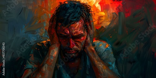 Oil painting of a man holding his head in anguish