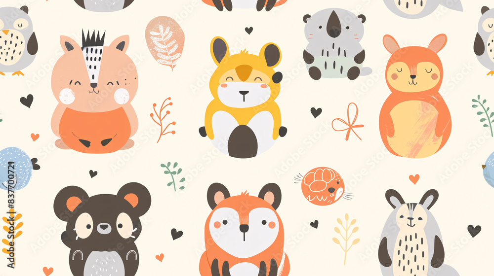 Obraz premium seamless playful animal wrapping wallpaper showcasing various cute animals with several cute element