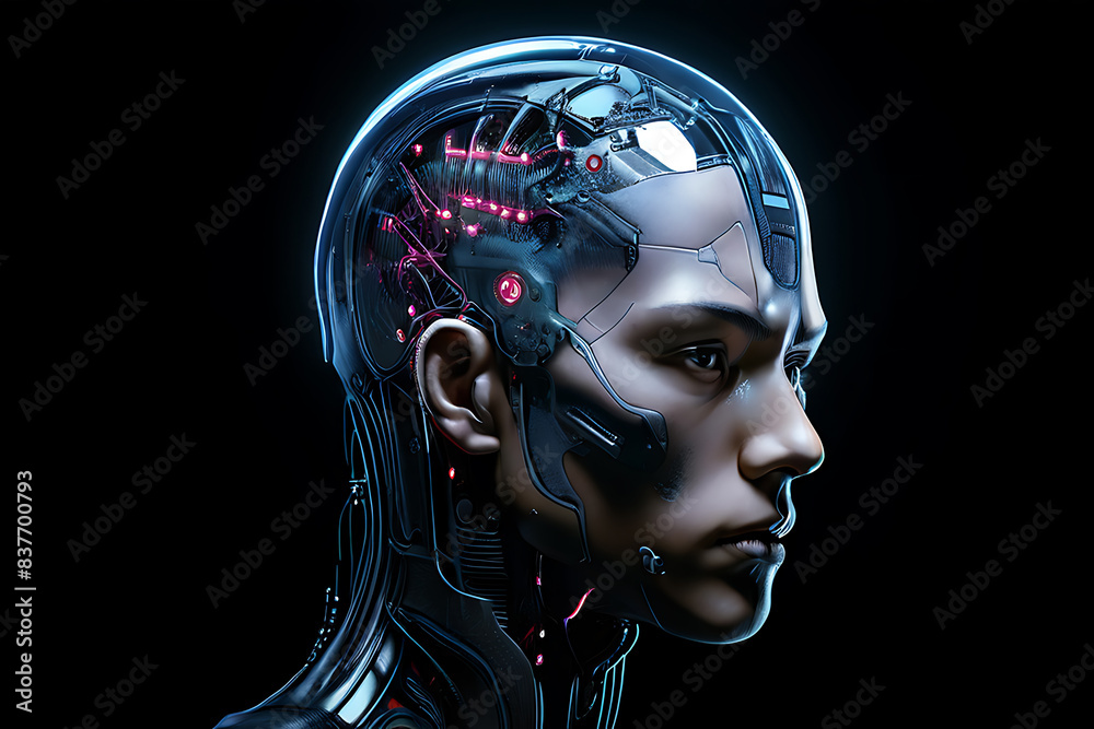 cyberpunk-themed head sculpture featuring a visible brain with glowing neuroimplants and metallic enhancements cyberpunk-themed head sculpture featuring a visible brain with glowing neuroimplants and metallic enhancements