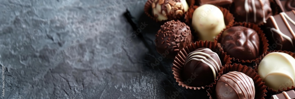 Assorted chocolate pralines on dark slate Assorted chocolate pralines on dark slate