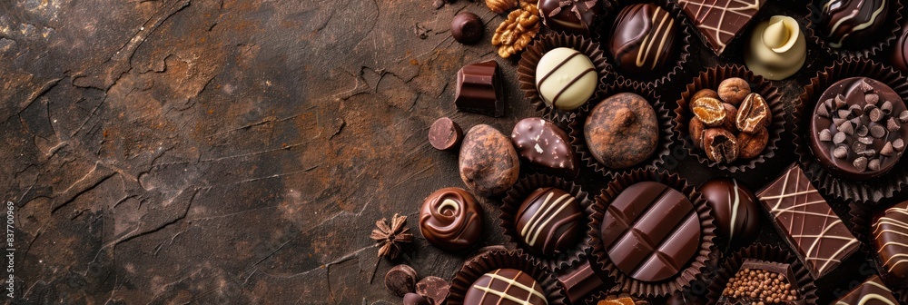 Assorted chocolates on a rustic dark backdrop Assorted chocolates on a rustic dark backdrop